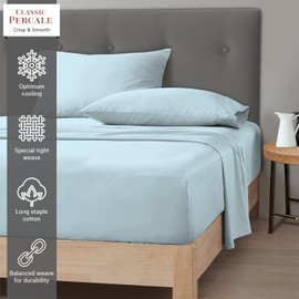 Pizuna Cotton Percale Single Fitted Sheet Baby Blue,100% Long Staple Combed CottonSingle Fitted Sheet 90x200 cm,Percale Weave 40 cm Deep Pocket Single Fitted Sheet 1 PC Baby Blue