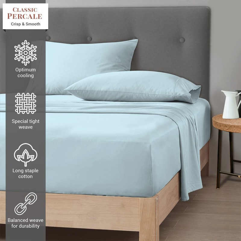 Pizuna Cotton Percale Single Fitted Sheet Baby Blue,100% Long Staple