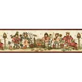 CONCORD WALLCOVERINGS ™ Wallpaper Border Country Pattern Scarecrows in The Yard Garden Supplies for Farmhouse Cottage Kitchen, Beige Brown Green, 15 ft by 7 in ALB3753
