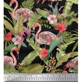 Soimoi Black Cotton Duck Fabric Flamingo & Leaves Tropical Print Fabric by The Yard 42 Inch Wide