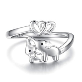 Mom Daughter Elephant Ring 925 Sterling Silver Adjustable Love Heart Finger Rings Pendant for Women Wife Mom Nana Daughter Jewelry Gift (Silver heart, Size 3-5)