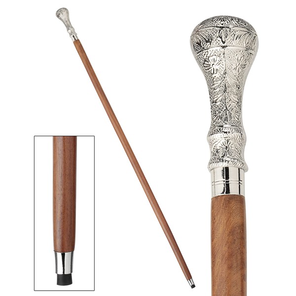 Design Toscano Hambleton Edwardian Walking Gentleman's Walking Stick, 37 Inch, Metal Handle and Hardwood Cane, Silver Chrome