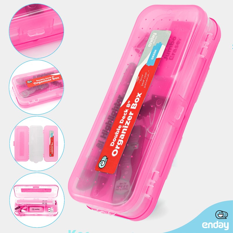 Enday Pencil Box Pink, Plastic Double Deck Pencil Case with