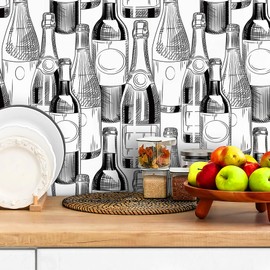 Livelynine 17.5x276 Kitchen Wall Paper Peel and Stick Modern Wallpaper Black and White Dining Room Pantry Wine Glass Champagne Bottle Stripe Contact Paper Self Adhesive Vinyl Removable Waterproof