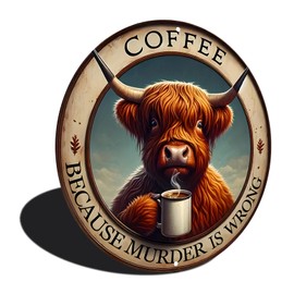 Yiruhe Funny Coffee Cow Aluminium Round Decorative Painting - Vintage Wall Decoration for Coffee Shops, Kitchens, Offices, Round 8x8 inch Metal Hanging Decoration(2485)
