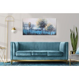 Arjun Tree Wall Art Canvas Teal Landscape Painting Blue Forest Textured Picture Modern Panoramic Abstract Nature Artwork Large Size Framed for Living Room Bedroom Bathroom Home Office Decor 48"x24"