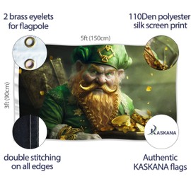 St Patricks Day Flag with Leprechaun and Gold - St Patrick's Day Irish Ireland Home Decorations – Digital Print - 110Den Thick polyester - Double Seam - 2 brass eyelets, large 5ft x 3ft