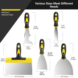 suokoun Spackle Knife Set, 5 PCS Stainless Steel Putty Knife Set Include 4 Paint Scrapers and 1 Multi Scraper Tool, Paint Scraper Tool for Drywall Decals (1.5" 3" 4" 6" 10")