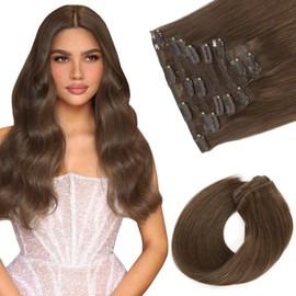 Sassina Straight Clip ins Hair Extensions Human Hair 22 Inch Double Skin Weft Clip in Human Hair Extensions Medium Brown Invisible Clip ins Full Head 8 Pcs with 18 Clips 120 Grams #4