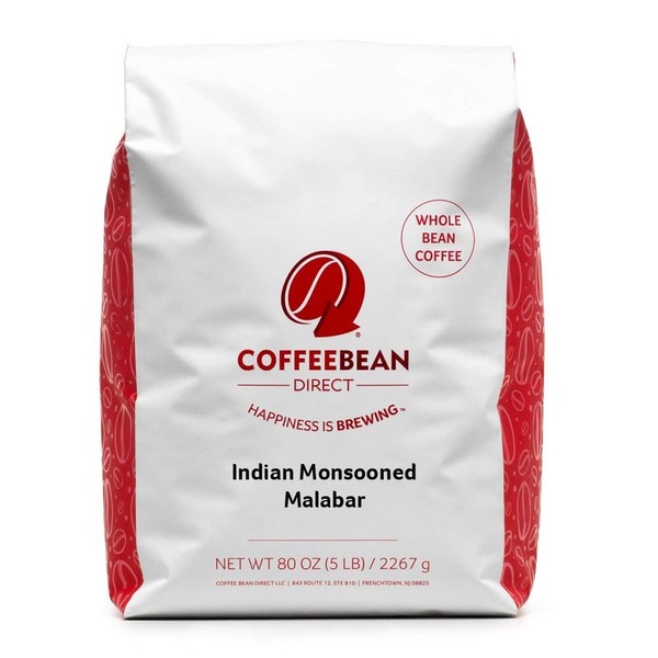 Coffee Bean Direct Indian Monsooned Malabar, Whole Bean Coffee, 5-Pound Bag