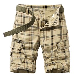 chouyatou Men's Summer Cool Multi-Pocket Straight Leg Utility Plaid Cargo Shorts (28, Khaki)
