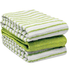 Towelogy Kitchen Tea Towels Set Of 3 Cotton - 40 x 60 cm Super Soft & Quick Drying Dish Cloths - Striped & Solid Designed (Green/White, 3)
