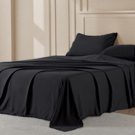 Ranunculus 4 Pieces Queen Bed Sheets, Soft Fitted Sheet Queen Size & Bedsheet & 2 Pillowcases, Washed Brushed Microfiber - Breathable, Wrinkle Free, Fade Resistant,Easy Care (Black,Queen)