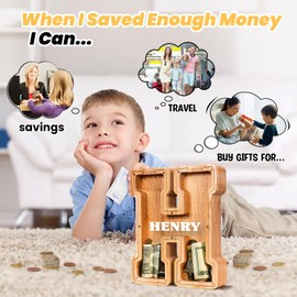 KMC Wooden Piggy Bank - Unbreakable Wooden Letter Money Saving Box, Gift for Kids