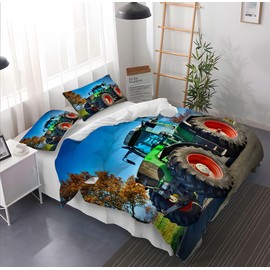 Leleyouzer Tractor Print Bed Linen Set, 3D Tractor Pattern Printed Duvet Cover for Children Boys, Soft and Comfortable Microfibre, 3-Piece Set with Zip Closure (Tractor 4, 135 x 200 cm)