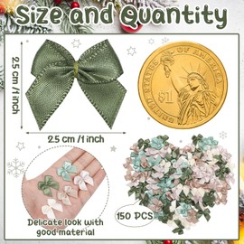 Syhood 150 Pcs Christmas Mini Bow Tiny Twist Tie Handmade Craft Ribbon Bow Hair Small Holiday Ribbon Craft Supply for DIY Sewing Party Decor (Sage Green&Beige)