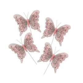 Set of 12 Glitter Monarch Feather Butterflies on Wire for Floral Arrangements and DIY Decorations (Light Pink)