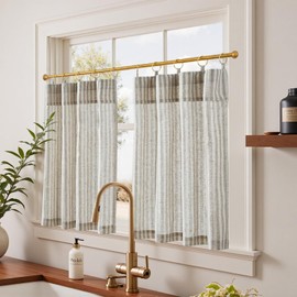 jinchan Striped Linen Kitchen Curtains with Attached Valance 36 Inch Length Pinstripe Cafe Tier Curtains for Living Room Rustic Half Window Light Filtering Rod Pocket Small Drapes 2 Panels Taupe Grey