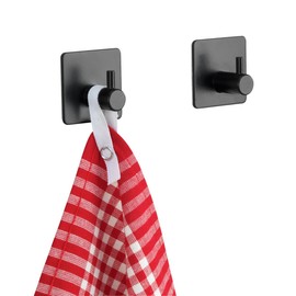 WENKO Ureo Wall Hooks, Black, Set of 2, High-Quality Hooks Made of Painted, Rustproof Stainless Steel, Towel Hooks for Bathroom, Guest Toilet and the Whole Household, Attachment without Drilling, 4.5