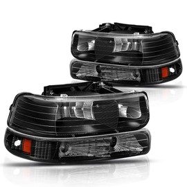 PM PERFORMOTOR 4Pcs Headlights Assembly+Bumper Lights Compatible with 99-02 Chevy Silverado/00-06 Suburban,Black Housing Amber Corner