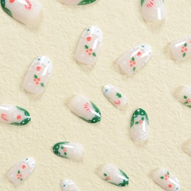 LBPEPAMZ Christmas Press on Nails Short Oval Fake Nails Green White French Tips False Nails with Snowflake Crutch Santa Hat Design Cute Nude Full Cover Acrylic Stick on Nails for Xmas Decor 24Pcs