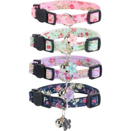 Floral Print Dog Collars with Charms, Set of 4, Adjustable, Pink, Blue, Purple, Black (Flower, 7.8-10.2)