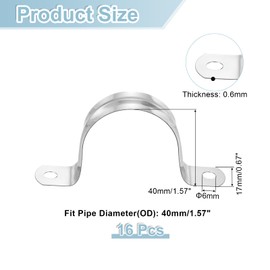sourcing map 16Pcs Rigid Pipe Straps, 40mm(1.57") 201 Stainless Steel 2 Hole U-Shaped Bracket Tube Hanger Pipe Clamps for Fixing Pipe Cable