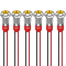GUUZI 6 x 8 mm Voyant LED 220-230 V Signal Lumineux étanche Panneau Métallique Voyant LED Mounting on Panneau Tête Plate Avec Fils Coque Argentée (Jaune)