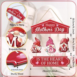 TOARTi Happy Mother's Day Wooden Sign Hanging(10.7”x17.5”),Mom Is The Heart Of Home Wall Decor With Cute Gnomes, Romantic Pink Heart Mothers Day Gifts for Mom Wife Grandma Woman