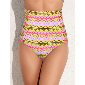 Septangle Women High Waisted High Tummy Control Bottom Pink Bikini Bottom Triangle Bikini Bottom Plus Size Vintage Swim Bottom (22, Yellow Geometric Pattern)