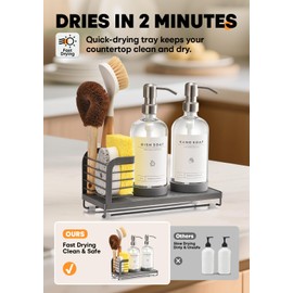 Kitchen Soap Dispenser Set with Drying Tray – 16oz Glass Bottles with Stainless Steel Pumps, Sink Organizer Caddy with Brush Holder & Non-Slip Feet – All-in-One Dish & Hand Soap Station
