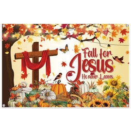 Leowefowa Thanksgiving Banner 10x8ft Polyester Fall for Jesus He Never Leaves Banner Outdoor Happy Thanksgiving Backdrop Fall Decorations for Party Pumpkin Patch Backdrop