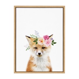 Kate and Laurel Sylvie Flower Crown Fox Framed Canvas Wall Art by Amy Peterson Art Studio, 18x24 Natural, Cute Animal Art for Wall Décor