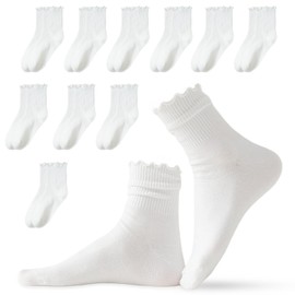 SI SEN Cotton Knitted Crew Socks, Knitted Socks with Ruffle Socks, for Women and Girls, 36-39 (White)