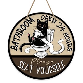 Bolisom Bathroom Open 24 Hours Front Door Sign, Funny Black Cat Please Seat Yourself Wood Hanger Toilet Restroom Porch Decor, Wooden Wreath Indoor Wall Hanging Home Washroom Decoration