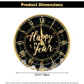 Heyiminy 24Pcs New Year Plates Disposable Black and Gold Paper Plates,7Inche Round Happy New Year Dinner Dessert Plates for 2025 New Years Eve Party Celebration Supplies Decorations