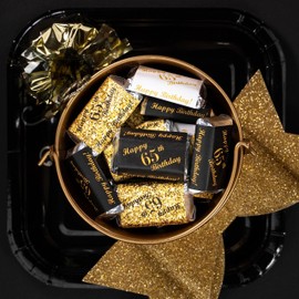 RokAPary 65th Birthday Miniatures Candy Bar Wrapper, (Set of 60) Mini Candy Bar Stickers; 3 Designs: 24 Gold, 24 Black, 12 White, Candy Not Included