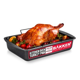 BAKKEN Nonstick Turkey Roasting Pan with Rack – 17 X 13 inch, Large Heavy-Duty Carbon Steel Roasting Pan, Wide Handles, Versatile for Baking, Grilling, & Roasting, Oven Safe Up to 450°F, Gray Marble