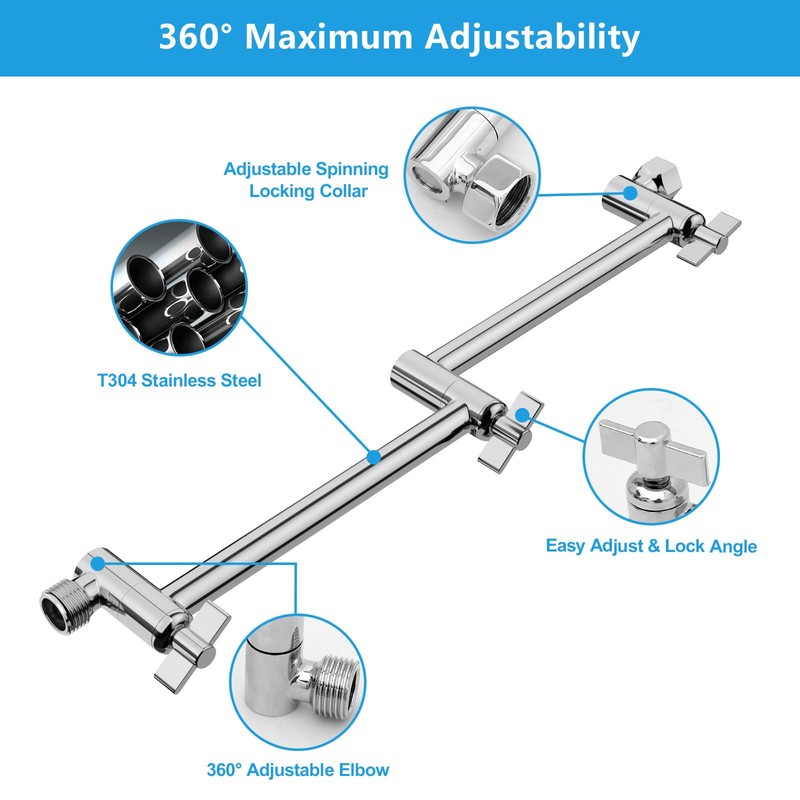 LORDEAR Shower Extension Arm 16 Inch,Foldable Shower Head Extension Chrome,Adjustable