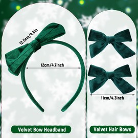 Haakong Dark Green Velvet Bow Headband with Velvet Hair Bows Set Christmas Headband Women Alligator Clips Back to School Hair Accessories (Green, One Size)