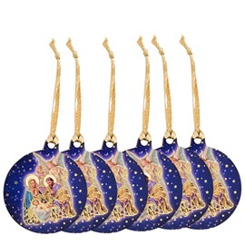 Needzo Assorted Nativity Scene Round Gold-Toned Wooden Ornaments, 1 3/4 Inch, Set of 6