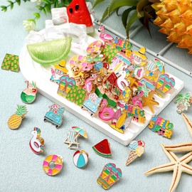Hoteam 60 Pcs Summer Lapel Pins Bulk Beach Hawaiian Tropical Enamel Pins Cute Cartoon Flamingo Flip Flops Gnome Pineapple Watermelon Coconut Tree for Backpack Hat Shirt Gifts