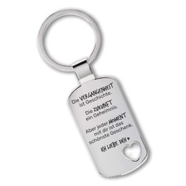Engraved Stainless Steel Keyring with Cut-Out Heart | Die Vergangenheit ist Geschichte | Liebes Schlüsselanhänger für den Partner | High-Quality Laser Engraving, Cut out heart