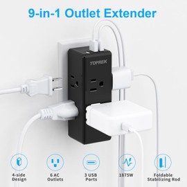 TOPREK Multicontacto Pared USB, Conector Multiple con 5 Salidas CA y 3 Puertos USB, Protectores de Sobretensión, Regleta Multicontacto Outlet Extender Enchufe Extension Electrica para el Baño, Cocina
