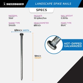 Sandbaggy 3/8" x 12" Landscape Spike Nails - Galvanized Timber Spikes - Construction, Landscape Edging, Framing, Landscape Fabric (3/8" x 12" (Galvanized), 10)