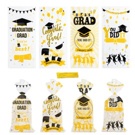 Jocomoni 100PCS Graduation Cellophane Treat Bags, Grad Plastic Goodie Candy Bag with Twist Ties for Graduation Birthday Party Favor Supply（4 Style）