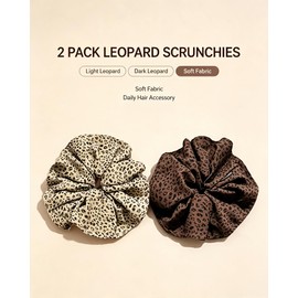 2 Pack Oversized Satin Scrunchies for Women, Jumbo Leopard Print Hair Ties for Thick, Curly and Long Hair, Soft Elastic Ponytail Holders, Beige and Brown