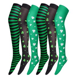 Zhanmai 3 Pairs St. Patrick Day Socks, Shamrock Green Thigh High Socks Irish Knitted Knee for Costume Party (Black Background Clover, Green Background Clover, Black and Green Stripes)
