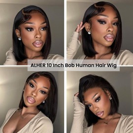 ALHER Short Bob Wig Human Hair Small Cap Lace Front Wigs Straight, 13X4 Transparent Lace Frontal Wigs 180% Density for Women, Natural Color, Cap Size 21-21.5 10 Inch