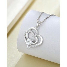 Guesma Women Double Heart Cubic Zirconia Necklaces - 6 mm Sterling Silver 925 Pendant Heart Created Birthstone Necklace - Anniversary Jewelry for Her